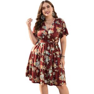 KOJOOIN Women Plus Size V Neck Wrap Dress High Waisted Short Sleeves Summer Casual Midi Dress with Belt Deep Wine Yellow Flower 2XL