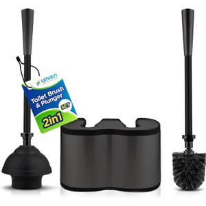 UMIEN Toilet Brush and Plunger Set 18-in - Updated 2025 No-Rust - Stainless Steel Design - Long Handles - with Freestanding Canister (Matte Black)