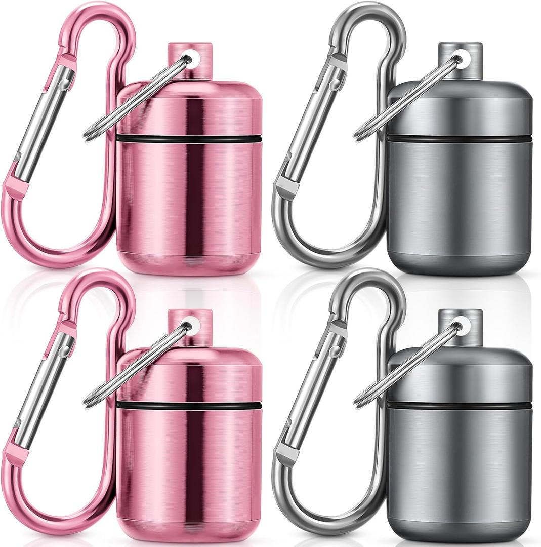 Hicarer 4 Pack Ear Plug Carrying Case, Waterproof Metal Ear Plug Holder with Keychain, Portable Small Pill Case Container for Earplugs, Jewelry, Pill Organizer for Travel or Sports(Pink, Matte Gray)