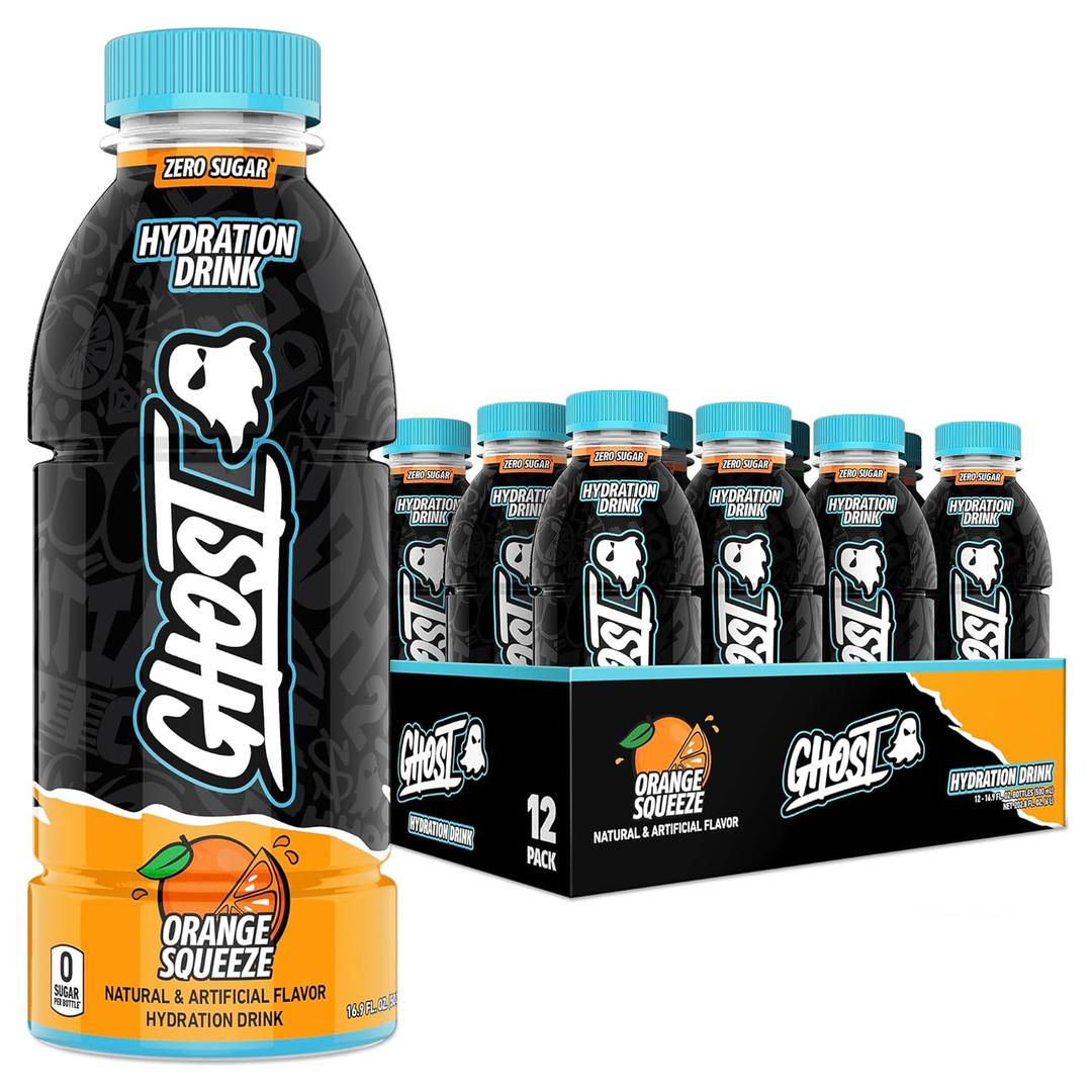 GHOST Hydration Drink, Orange Squeeze - RTD Sports Drink with Electrolytes, Natural Vitamins & Minerals - All Day Lifestyle Hydration Beverage - Zero Caffeine & Zero Sugars - 16.9 Fl Oz, 12 Pack, Best By: 07/2026