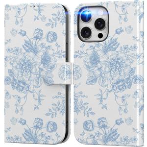 DEENAKIN for iPhone 13 Pro Wallet Case with Card Holder + Cash Clip, RFID-Blocking, Military-Grade Drop Protection, Magnetic Closure with Leather Kickstand - Blue Floral Design