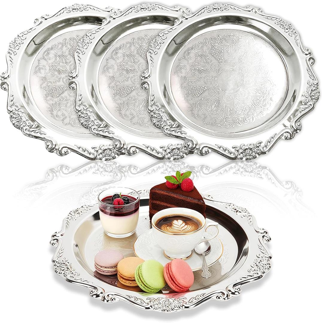 Ebrima 4 Pack Silver Serving Trays Set, 8” Decorative Plates, Stainless Steel Party Platters for Wedding, Afternoon Tea, Home Decor & Food Display