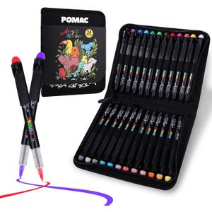 POMAC Acrylic Paint Markers Pens Brush Tip, 24 Assorted Colors Drawing Liquid Paint Marker Waterproof, Water-Based Acrylic Markers for Fabric, Canvas, Rock, Glass, Wood, DIY Crafts and Art Supplies