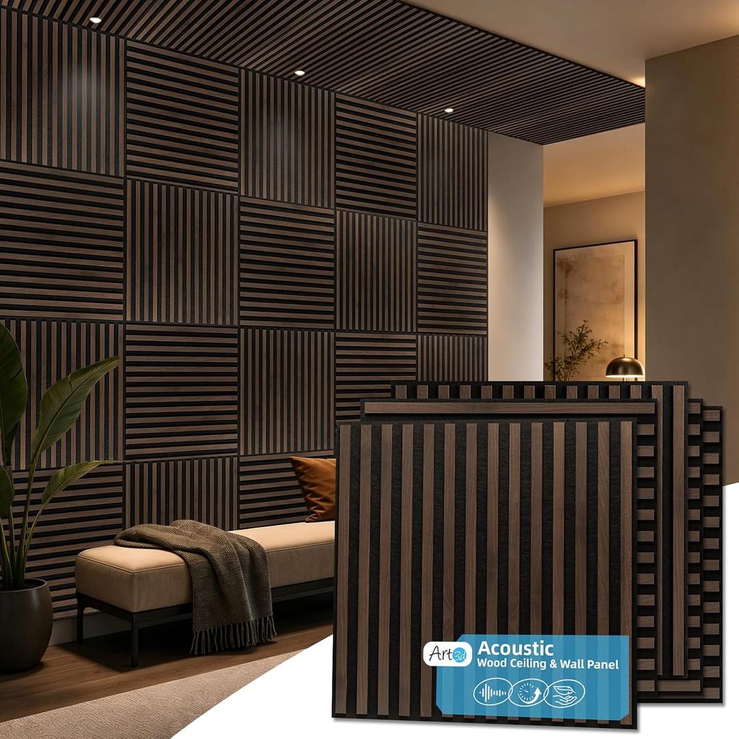 Art3d 6-Pack Acoustic Wood Slat Panel & Ceiling Tile, 2 x 2 ft, Walnut