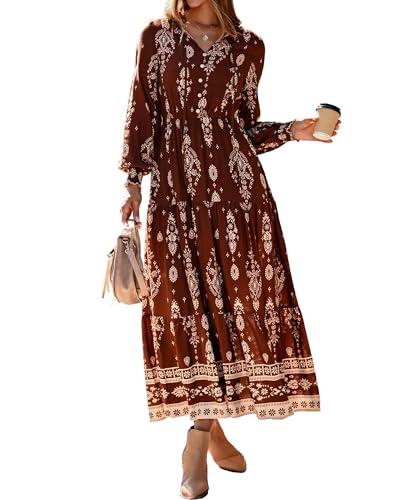BTFBM Women's Fall Wedding Guest Dresses 2025 Casual Floral Long Sleeve V Neck Front Tie Flowy Boho Maxi Dress Pockets(Brown, Large)