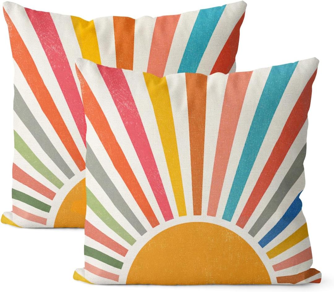 Summer Pillow Covers 18x18 Set of 2 Colorful Stripes Yellow Sunshine Decorations Outdoor Throw Pillows Boho Rainbow Sun Pillowcase Linen Decor Modern Farmhouse Cushion Case for Home Bedroom