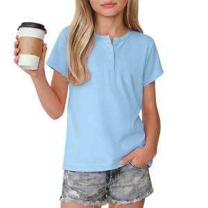 Vinsatin Girl's Short Sleeve Shirts Henley Round Neck Button up Tops Loose Fit Summer Basic Tees(11-12 Years,Light Blue) (Blue)