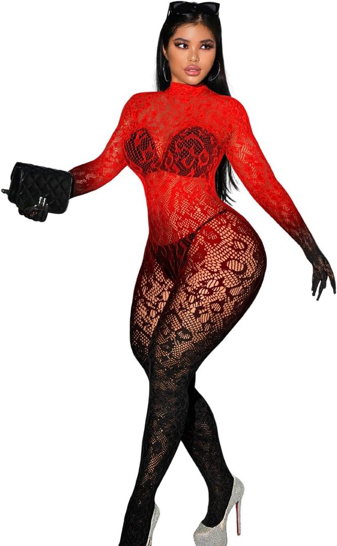 Sexy Lace Leopard Jumpsuit For Women, Fishnet Bodysuit Glow Party Club, Poster One Piece Mesh Full Body Rave Outfits (Gradient Red Black)