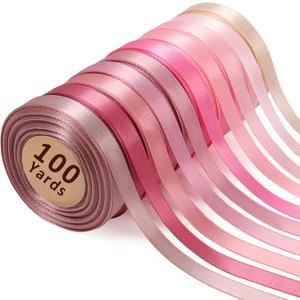 LaRibbons 3/8 Inch 100 Yard Pink Satin Ribbon for Crafts, 10 Yd/Roll 10 Rolls Pink Double Faced Satin Ribbon Pack for Gift, Wedding Party Decoration