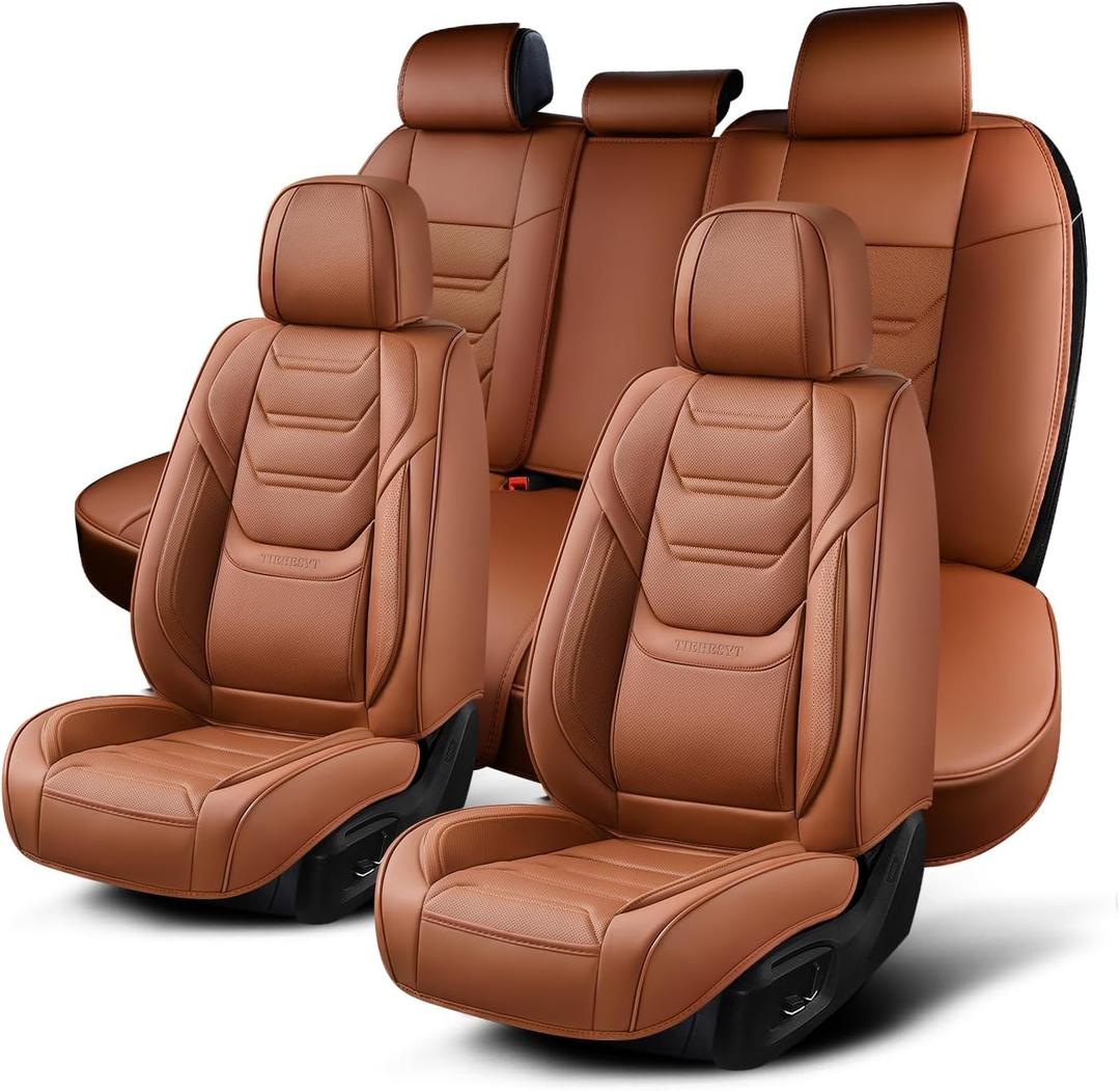 TIEHESYT Car Seat Covers Full Set, Breathable Leather Automotive Front and Rear Seat Covers, Car Seat Protectors Full Set, Compatible with Most Vehicles, SUV (Brown, Front Pair and Rear)
