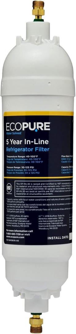 EcoPure EPINL30 5-Year In-Line Refrigerator Water Filter Universal Fit for Most Fridges, Ice Makers, RVs & Boats Reduces Chlorine Taste & Odor Easy DIY Install with 1/4" Fittings