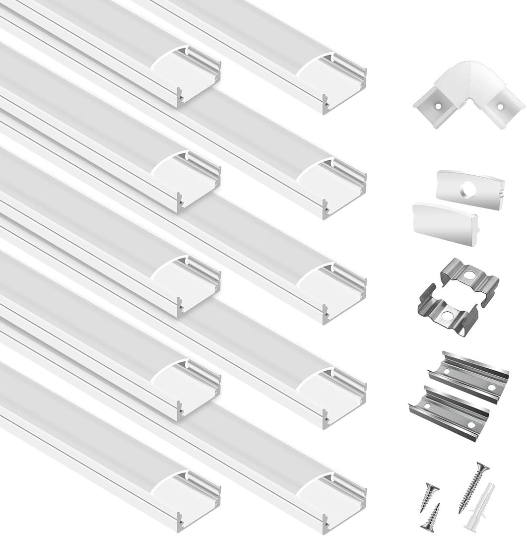 10-Pack 6.6ft/2Meter U Shape White LED Aluminum Channel System with Milky Cover, End Caps and Mounting Clips, Aluminum Channel Profile for LED Strip Light Diffuser Installations (10pack*6.6ft)