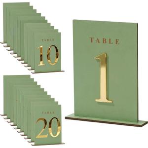 Geelin 20 Pcs Sage Green Wooden Wedding Table Numbers 1-20 with Stands Bulk Rustic Signs for Wedding Reception Bridal Shower Party Restaurant Seating Centerpieces