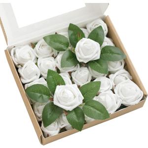 Ling's moment 1.5/2 inch Artificial Rose White Buds and Petite Roses w/Stem Pack of 25 for DIY Wedding Boutonniere Corsages Bouquets Centerpieces Decorations