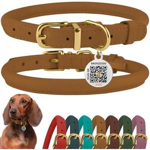 BronzeDog Rolled Leather Dog Collar with QR ID Tag, Adjustable Soft Round Collars for Small Medium Large Dogs Puppy (11" - 14 1/91" Neck Size, Blush)