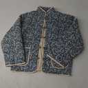 Muchpow Quilted Puffer Jacket for women Floral Printed Lightweight Cropped Button Down Outerwear with Pockets (Large, Blue)