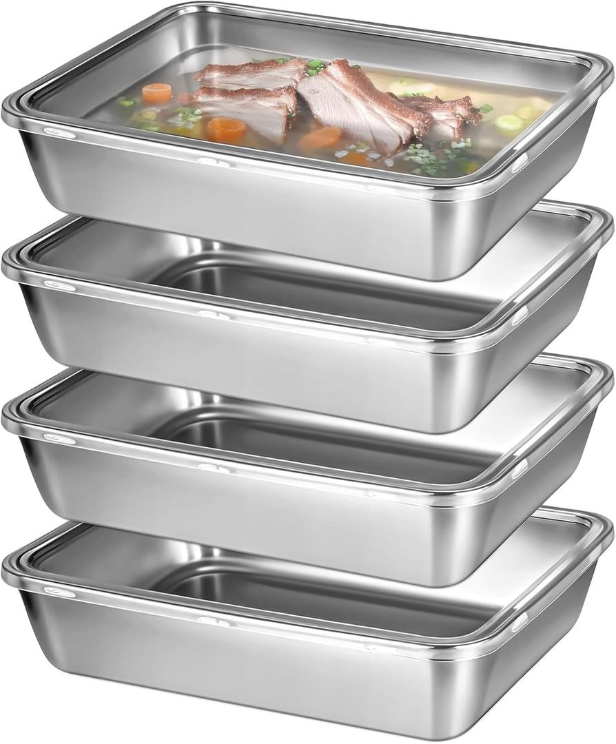 4 Pcs Stainless Steel Food Containers with Clear Lids, Fresh- Keeping Container, Deli Meat Keeper for Refrigerator, Stackable Snack Storage Boxes for Picnic BBQ Party Travel, Freezer & Dishwasher Safe