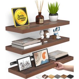 BAYKA Floating Shelves for Wall, Set of 3, Wall Mounted Rustic Wood Shelves for Bathroom, Bedroom, Living Room, Kitchen, Small Hanging Shelf for Books/Storage/Room Decor, Walnut-Like, 15.7in