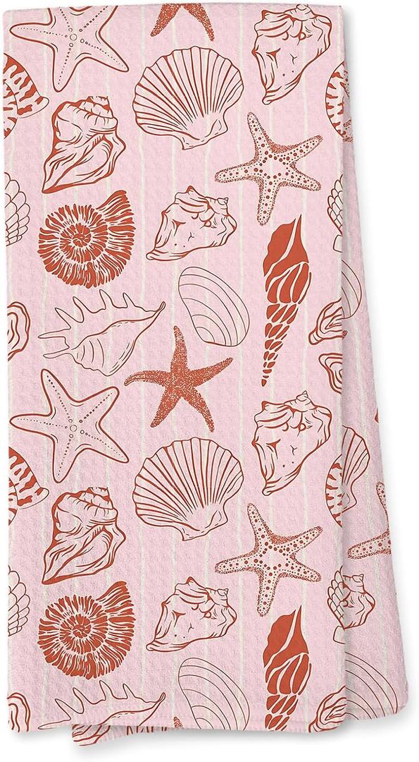Giosve Pink Beach Kitchen Towels, Pink Starfish Seashell Oyster Coastal Beachy Hand Towels for Bathroom, Preppy Beach Decor Dish Tea Towels for Kitchen, Coastal Bathroom Decor, 16x24 Inch