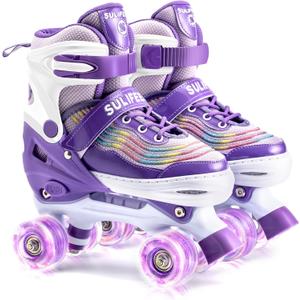 SULIFEEL Roller Skates for Girls with Light up Wheels and Colorful Ripple 4 Sizes Adjustable Skates for Toddler Kids and Youth (Large-(3.5-6), Purple)