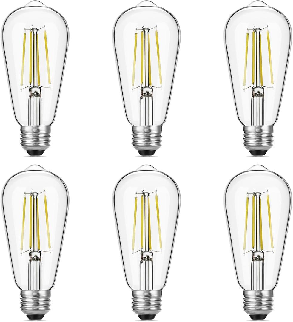 Gozelux Vintage LED Edison Bulbs, 6W, Equivalent 60W, High Brightness Daylight 5000K, ST58 Antique LED Filament Bulbs with 90+ CRI, E26 Medium Base, Dimmable, Clear Glass, Pack of 6