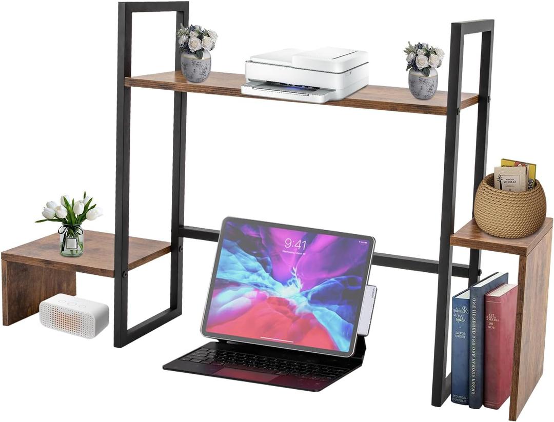 Computer Desktop Bookshelf, 2-Tier Countertop Hutch Display ShelfDesk Storage OrganizerMultipurpose Desk Organizer for Home Office Dorm (NoDrawer Brown)