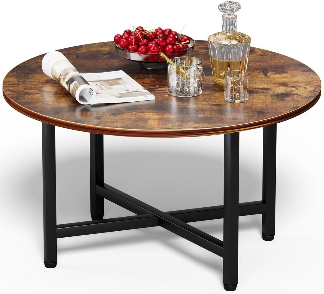 FAMIDGE Round Coffee Table, Small Coffee Tables for Living Room, Wood Coffee Table with Metal Frame, Floor Table Desk for Sitting on The Floor, Home, Office, Farmhouse, Rustic Brown (23.6"D x 17.7"H), Small 1T