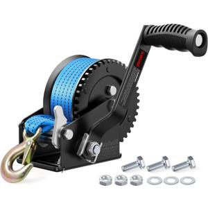 Kolvoii 1200 lbs Boat Trailer Winch with Strap, Portable Hand Winch, 2-Way Ratchet 4:1 Gear Ratio for Boat, Trailer, Marine and Jet Ski, 26FT Strap, Blue