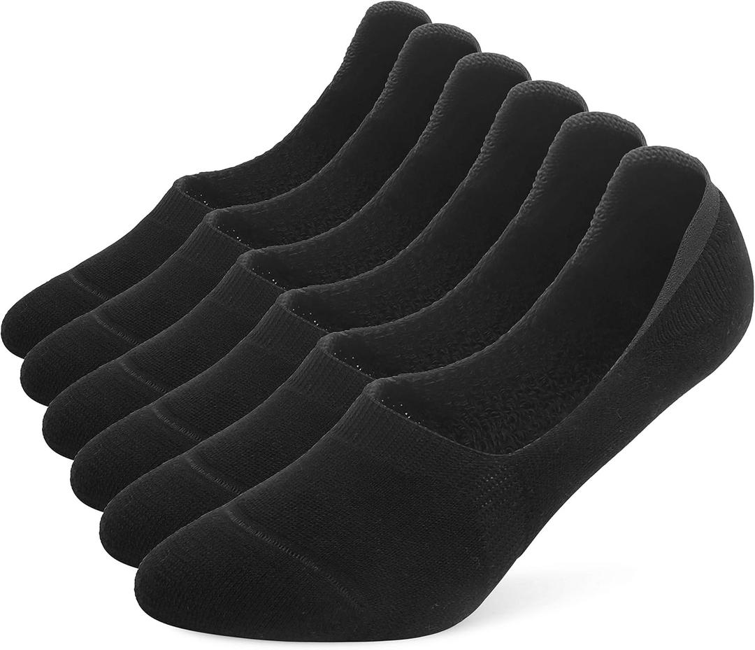 Leotruny 6 Pairs Unisex Thick Cushion Athletic Cotton Non Slip Low Cut Flat Liner No Show Socks (Medium, C02-black)
