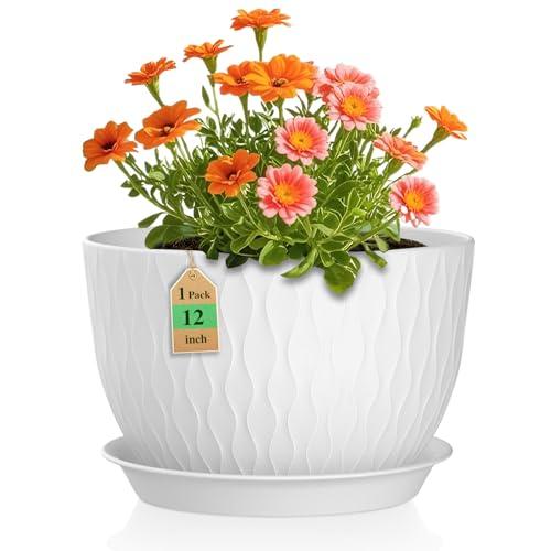 WSMKSZ 12 Inch Large Plant Pots for Indoor or Outdoor Plants, Wide Water Ripples Flower Pots with Drainage Holes & Saucer, Plastic Planters Set for Garden & Home Decor (White)
