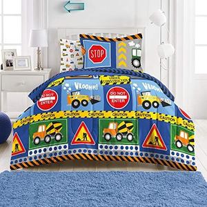 dream FACTORY Kids 5-Piece Complete Set Easy-Wash Super Soft Microfiber Comforter Bedding, Twin, Navy Blue Under Construction