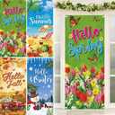 Preboun 4 Pcs Four Seasonal Door Cover Decorations Hello Spring Summer Autumn Winter Holiday Door Cover 78 x 35 Inches Seasonal Background Banner Curtain for Front Home Outdoor Party Decor