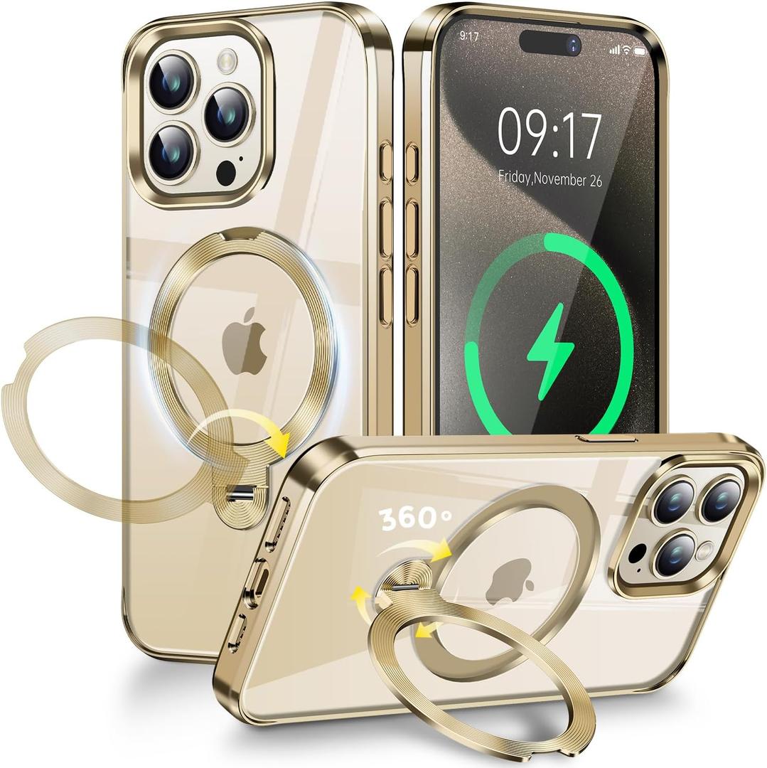[CD Metal Ring & Invisible 360 Spin Stand] Magnetic Case for iPhone 15 Pro Max [Electroplated Shockproof Bumper ] [Compatible with Mag Safe] Cover with Stand for Women Men Slim Clear - Gold