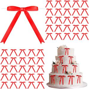 Riceshoot 100 Pcs Twist Tie Bows for Cake 3 x 4.3 Inch Satin Ribbon Bulk Pre Made Bows for Wrapping Gift Treat Bags DIY Craft Wedding Baby Shower Birthday Party Decor, (Red)