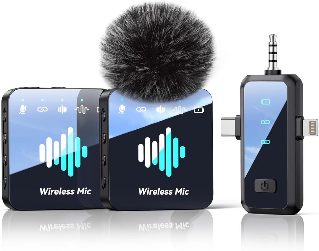 MENERESAS Wireless Lavalier Microphone for iPhone: Mini Microphone Noise Reduction - 328ft Transmission & 20H Battery Life for Video Recording, 3-in-1 Universal Camera & Android, Deep Grey (Brushed Black)