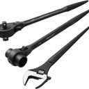 MAXPOWER 3Pcs Spud Ratchet Set, 3/4" x 7/8" Dual Socket Scaffold Wrench, 1/2" x 3/8" Dual Head Ratchet, 12 inch Spud Wrench