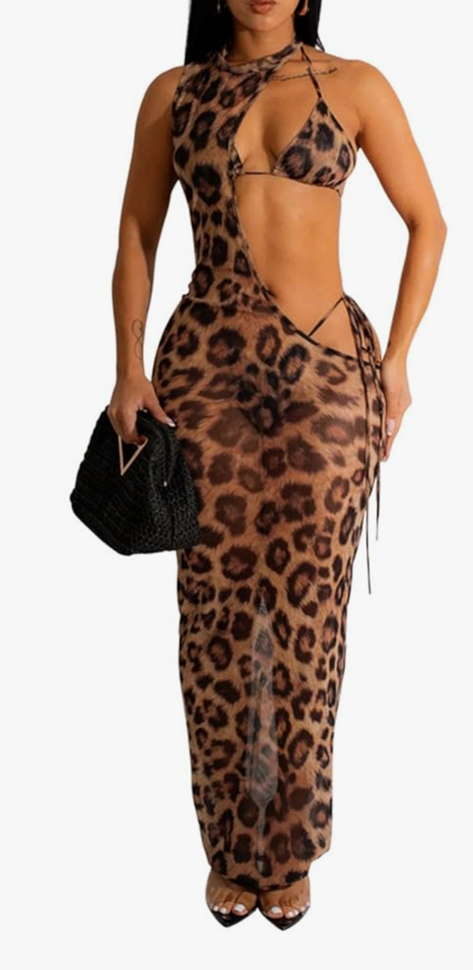 Women's Sexy Swimsuit 3 Piece Thong Bikini Set Triangle Halter Bathing Suit Sheer Mesh Beach Cover Up Maxi Dress, Size S
