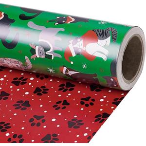 RUSPEPA Reversible Christmas Cat Wrapping Paper Roll, Mini Roll, Santa Cats on Green and Paw Prints on Red, Holiday Gift Wrap for Cat Lovers, Christmas, Winter Party, 17 Inches x 16.4 Feet
