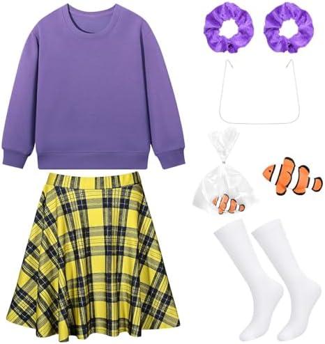 JcHrmers Shaking Fish Bag Costume Purple Sweatshirt Yellow Plaid Skirt Knee High Socks Hair Ties Goldfish Fake Braces, Size Large