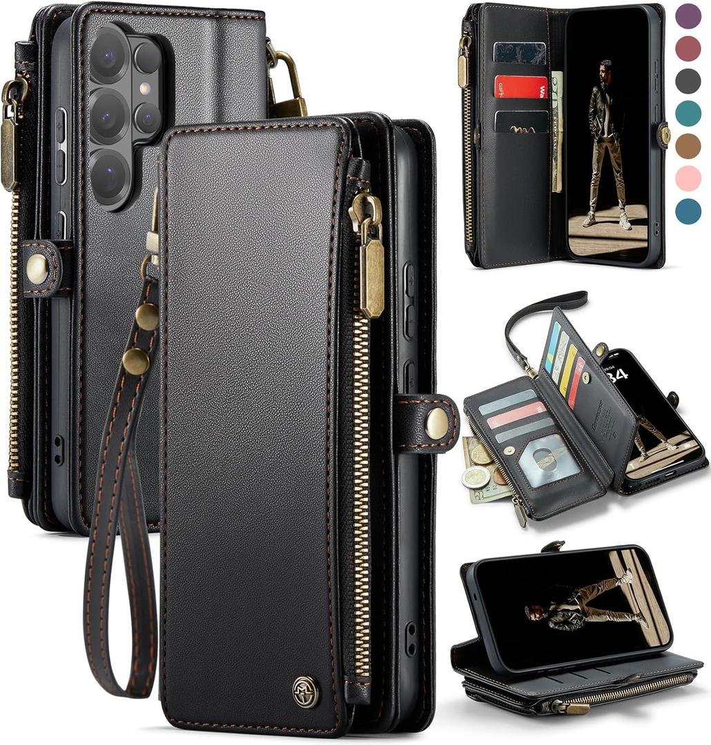 Defencase for Galaxy S26 Ultra Case Wallet with RFID Blocking Card Holder for Women Men, PU Leather Magnetic Snap Flip Wristlet Strap Zipper Wallet Phone Cases for Samsung Galaxy S26 Ultra 6.9", Black