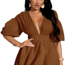 WDIRARA Women's Deep V Neck Puff Sleeve High Rise Flare Dress Elastic Waist Dress, XL