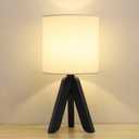 HAITRAL Wooden Tripod Table Lamp with Black Base, Small Table Lamp Bedsides Lamp with Linen Fabric Shade, Nightstand Lamp Cute Night Lamp for Bedroom,Kids Room,Nursery,Dorm