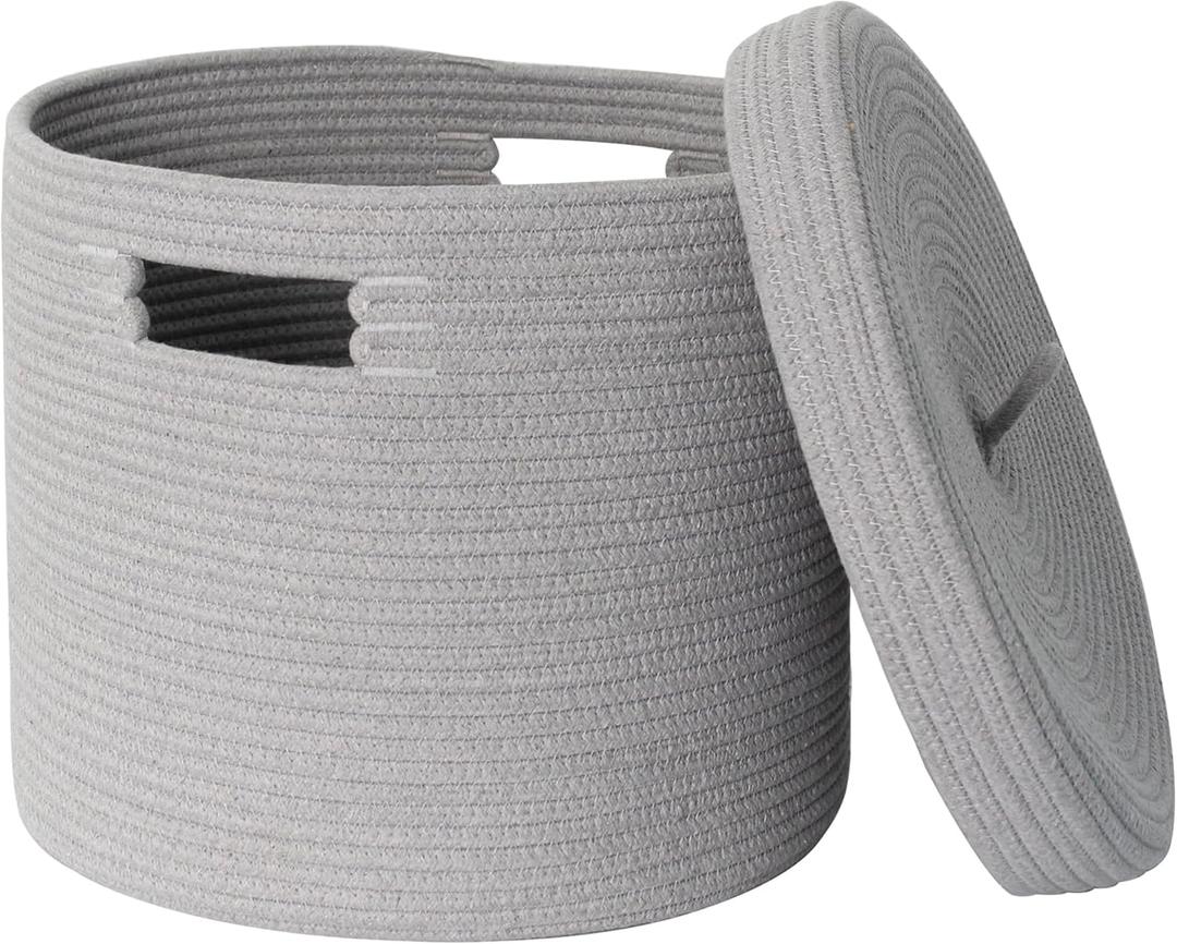 Gray Basket with Lid, 15 x 13 Woven Storage Basket for Blankets, Toys, Pillows, Towels, Living Room Bedroom Storage Bin, Round Rope Basket with Lid, Wicker Baskets for Organizing