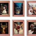 6PCS Christmas Fridge Magnet Cute Elk with Santa Claus Wood Magnets Art Frame Designs Decorations for Refrigerator Garage Door or Car Removable Indoor Outdoor Magnetic Decals