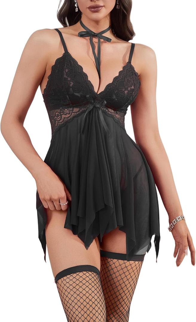 Bow Sexy Lingerie For Women Floral Lace Babydoll Nightdress Women's Sleepwear Chemise Nightwear With Fishnet Stockings（Black S)