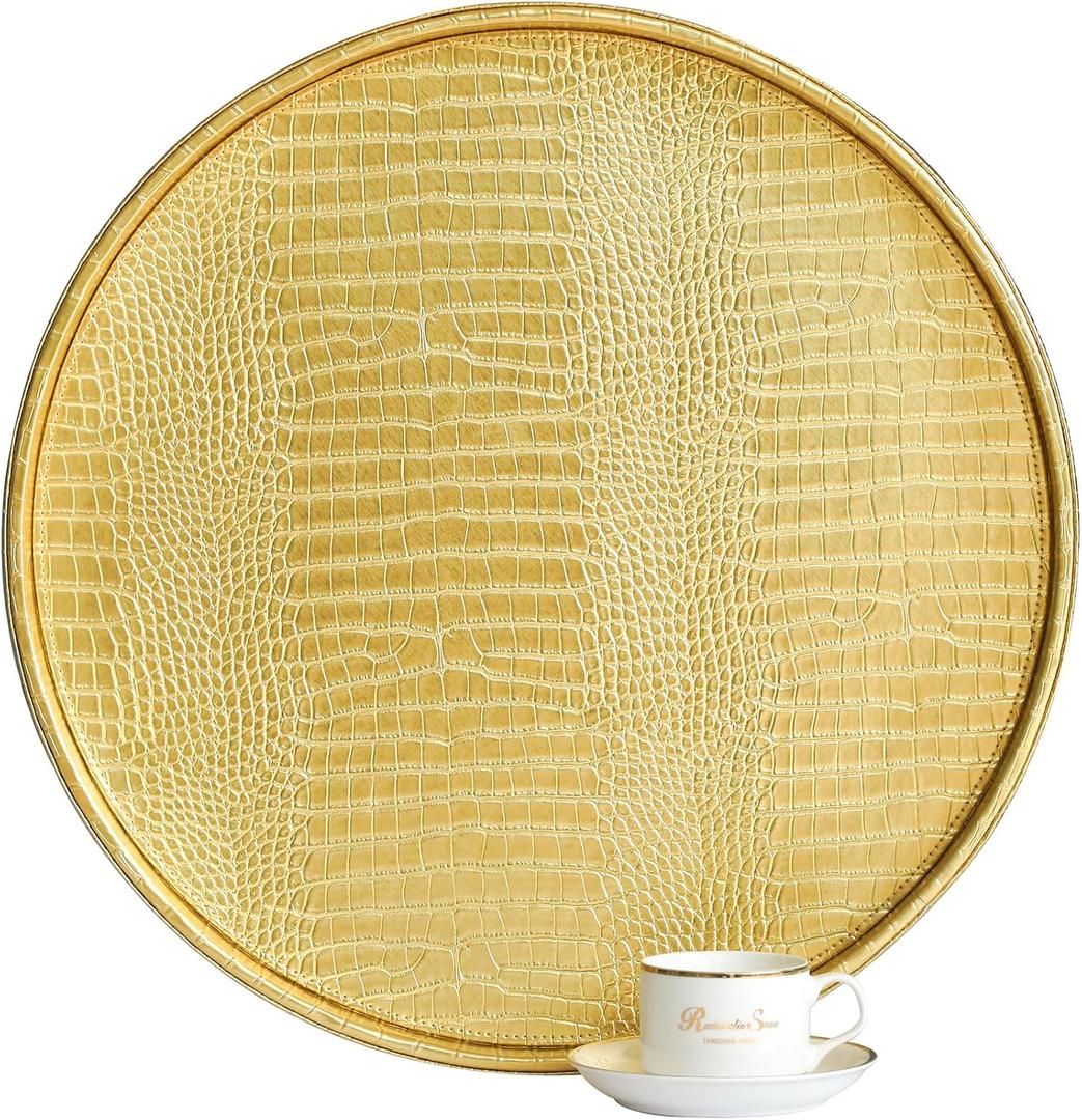 HofferRuffer Round Serving Tray 20'', Elegant Faux Leather Circle Ottoman Table Tray, Serve Tea Coffee Breakfast in Bedroom Living Room Kitchen (Gold, 20")