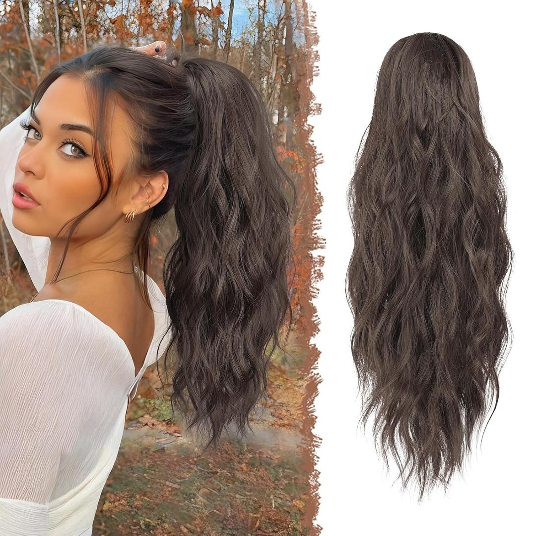FESHFEN Ponytail Extensions - Drawstring Ponytails Hair Extension Long Curly Wavy Hair Piece Synthetic Brown Pony Tail Hairpieces for Women, Medium Brown 18 inch