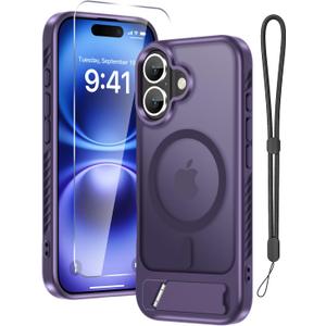 RMOCR Case for iPhone 17 Phone Cover with Screen Protector+Lanyard Wrist Strap,Magnetic Translucent Matte Rugged Slim PhoneCase Built in Invisible Kickstand [Fit for MagSafe],Purple