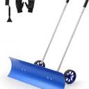 37 Inch Wide Wheeled Snow Pusher Shovel Set, Aluminum Blue Blade and Double Handle, Snow Plow for Yard Driveway Sidewalk Patio Walkway, Ice Hockey Rink Resurfacer, Skating Rink, Ice Fishing