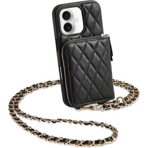 LAMEEKU for iPhone 17 Wallet Case with Strap, Card Holder Quilted Crossbody Leather Zipper Cover for Women 6.3'' Black